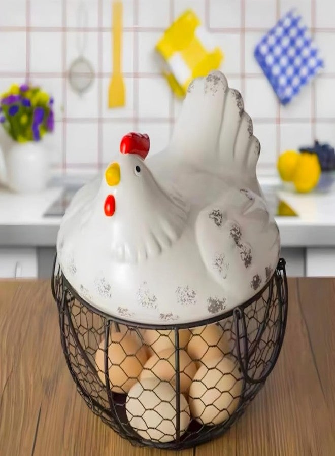 Maxxinn Ceramic Hen Shape Wire Egg Storage With White Farm Chicken Top And Handles Keeps Fresh and Secure, Countertop - Image 2